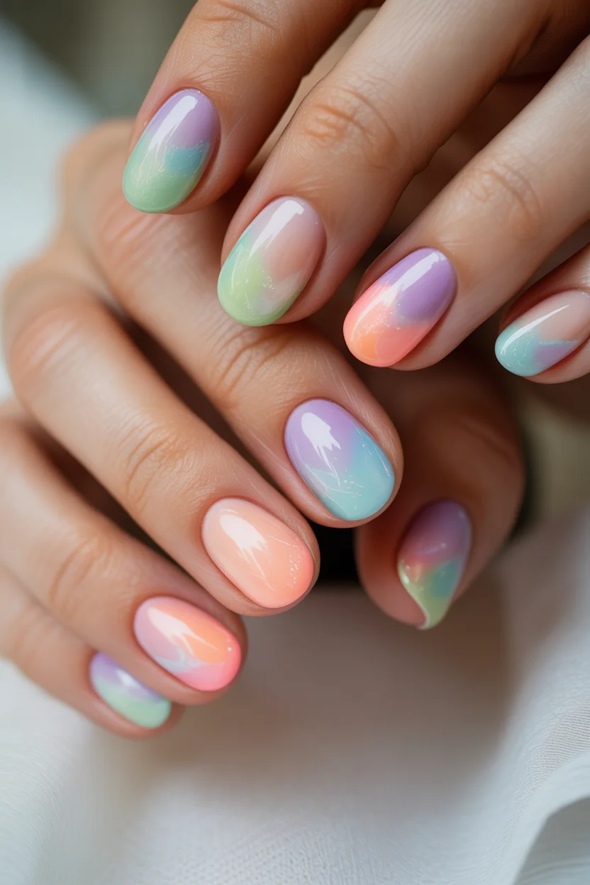 summer nail art ideas 2026 Playful Color Mix with Retro Waves and Glossy Finish