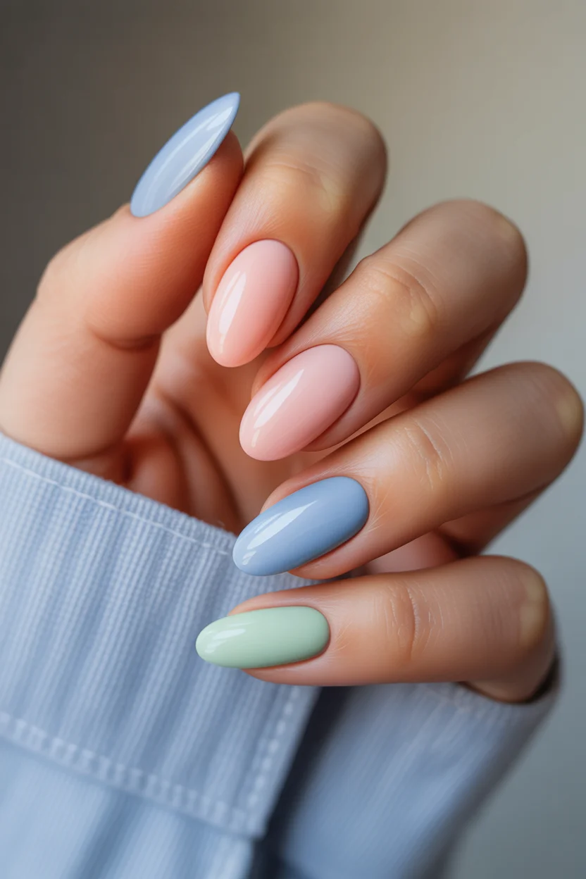 summer nail inspo 2026 Soft Nude Almond with Pastel Petal Accents 16