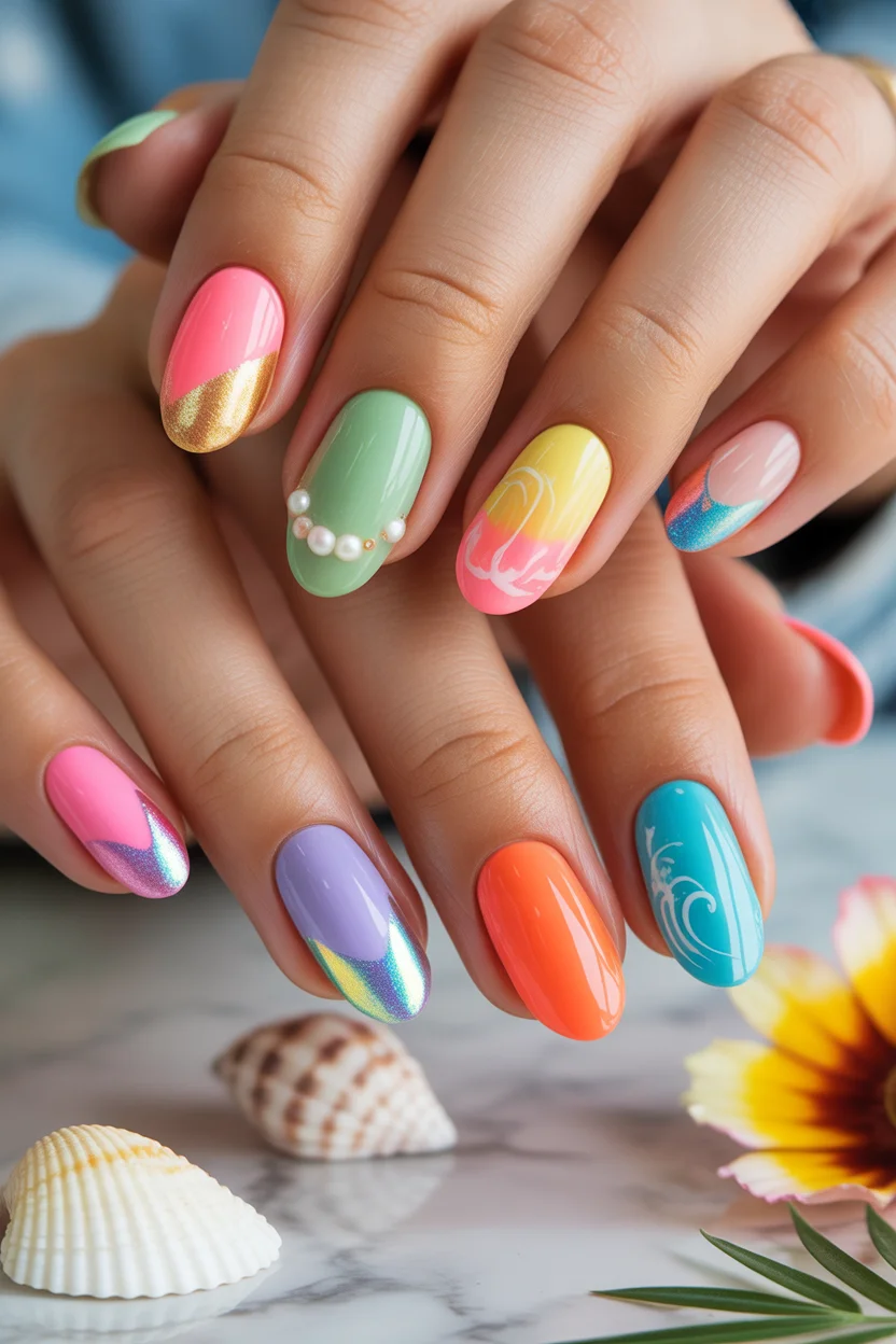 summer nail inspo 2026 Playful Color Mix with Retro Waves and Glossy Finish
