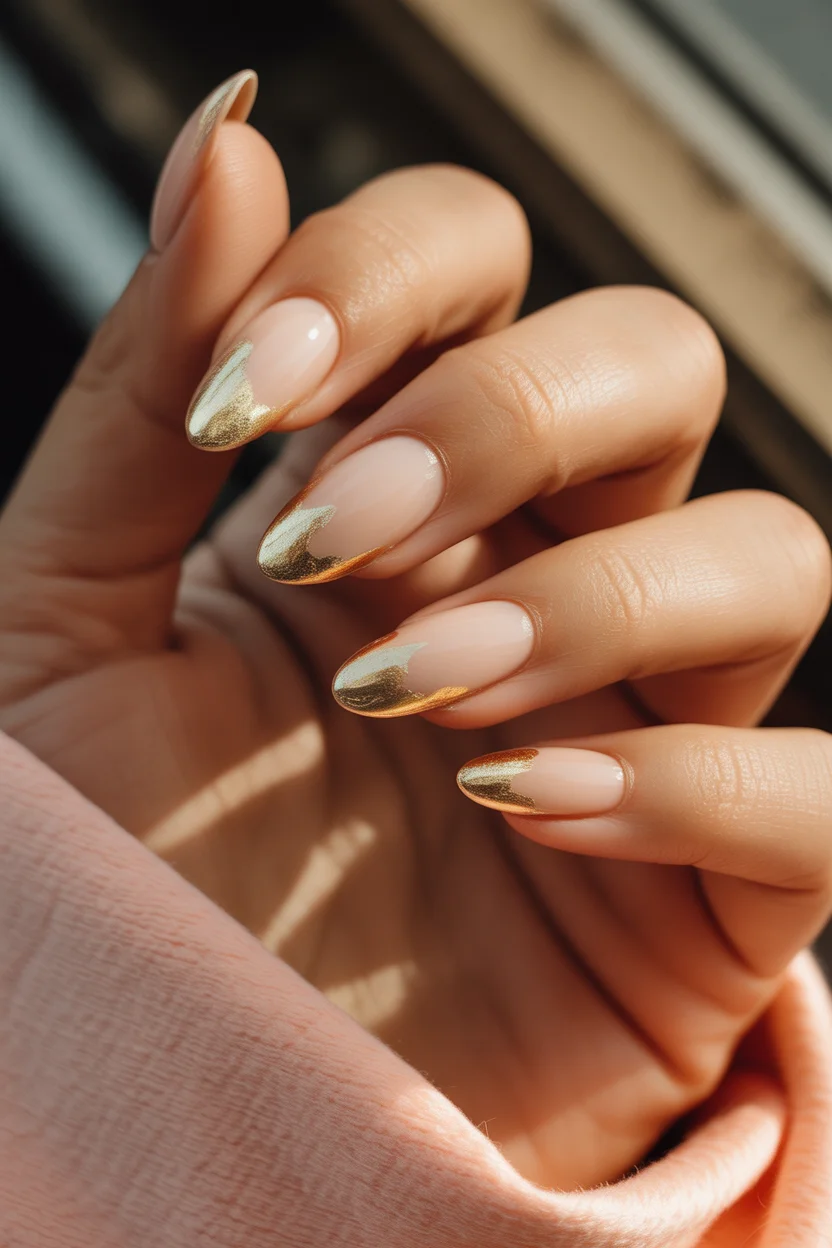 summer nail inspo 2026 Soft Nude with Liquid Gold Edges That Catch the Light