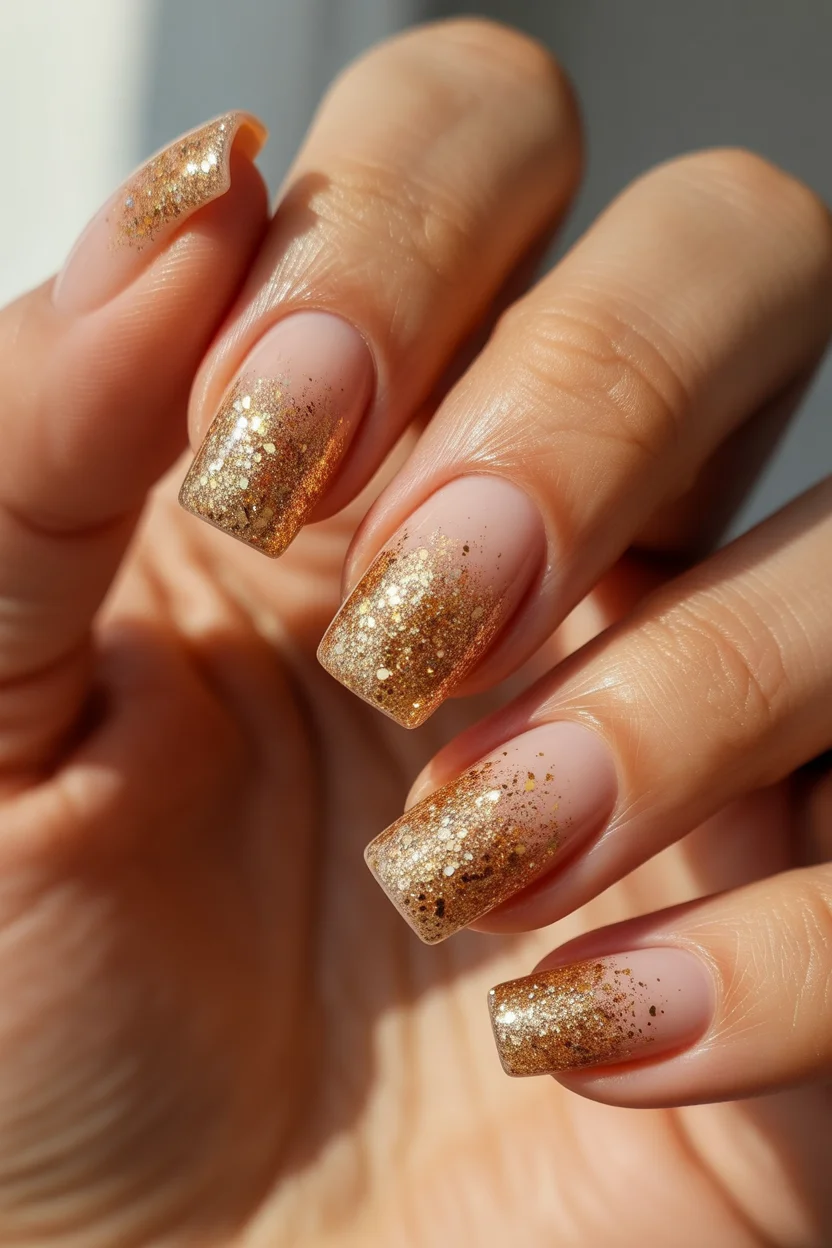 summer nail inspo 2026 Golden Glitter Fade on Square Nails for Warm Summer Glow 10