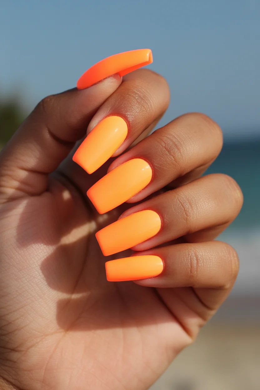 summer nail inspo 2026 Neon Orange Coffin Nails That Glow in the Sun 13