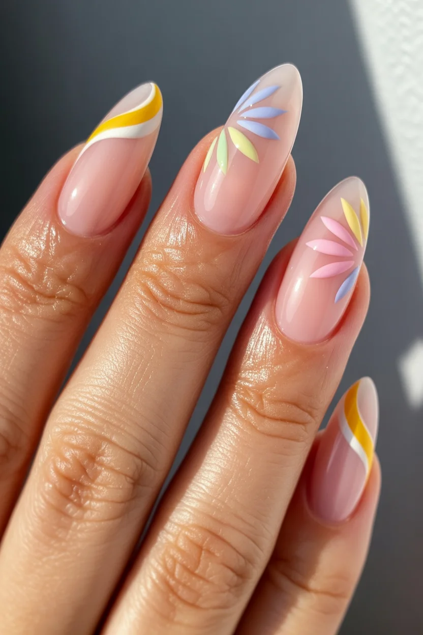 summer nail inspo 2026 Soft Nude Almond with Pastel Petal Accents 16