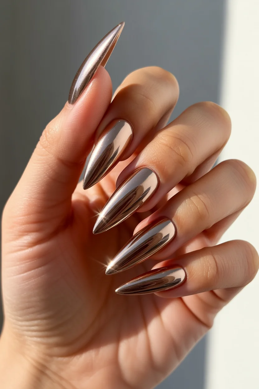 summer nail inspo 2026 Mirror Chrome Stiletto for High Shine Statement 18