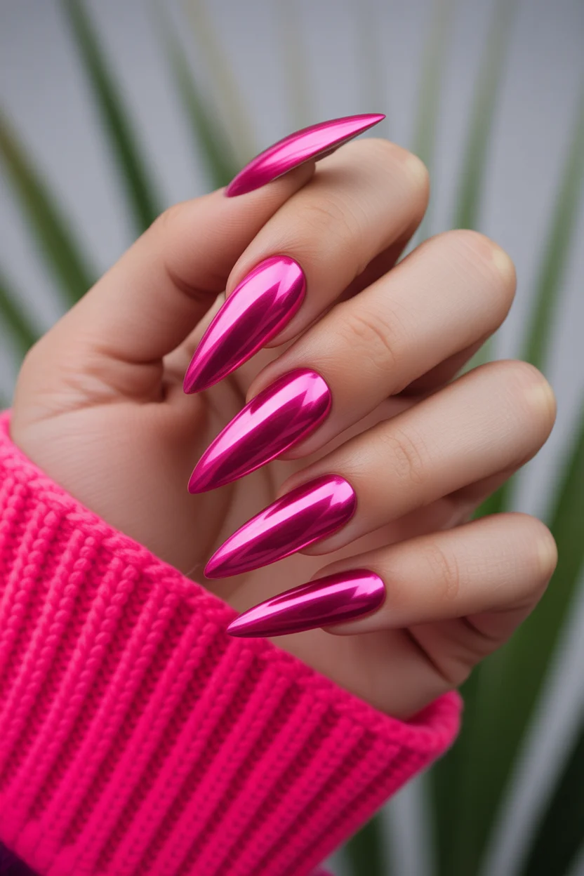 summer nail inspo 2026 Hot Pink Chrome Stiletto That Feels Like Main Character Energy