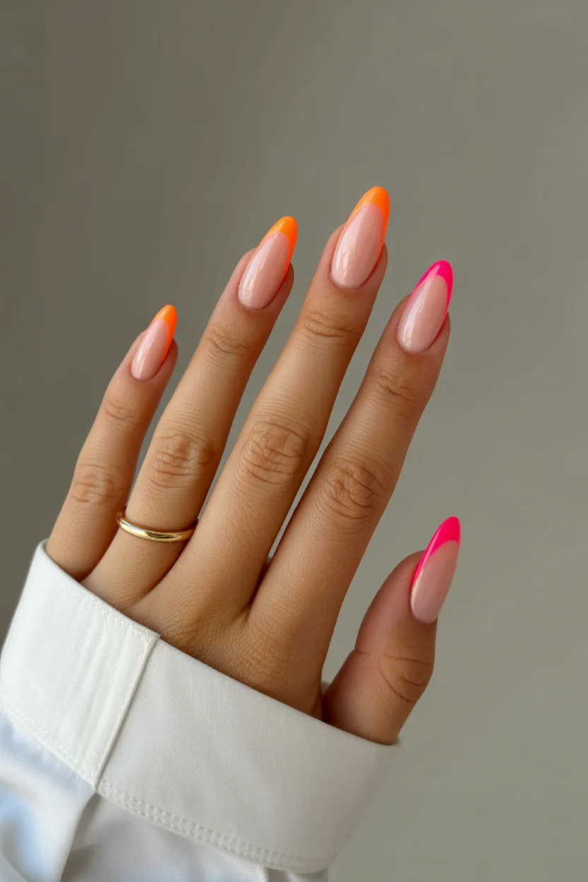 summer nail inspo 2026 Neon French Almond with Pink and Orange Contrast 20