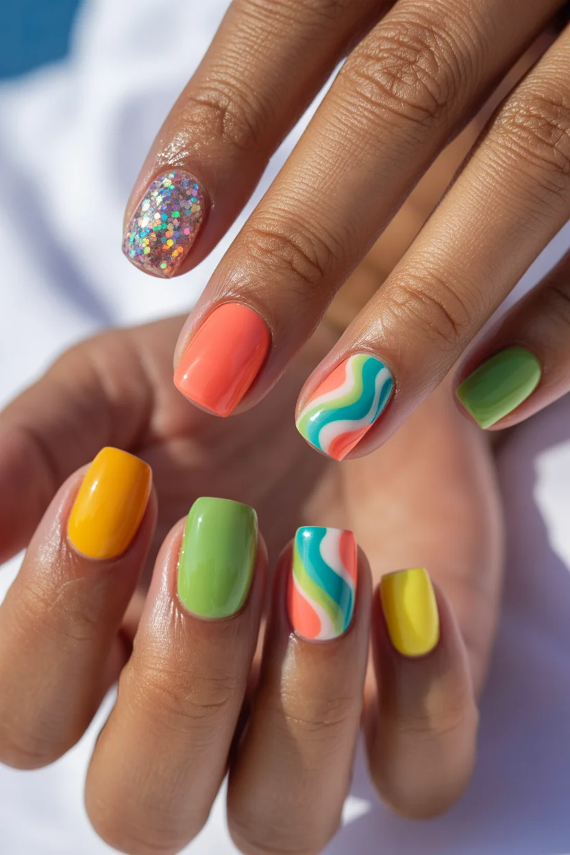 summer nail inspo 2026 Playful Color Mix with Retro Waves and Glossy Finish