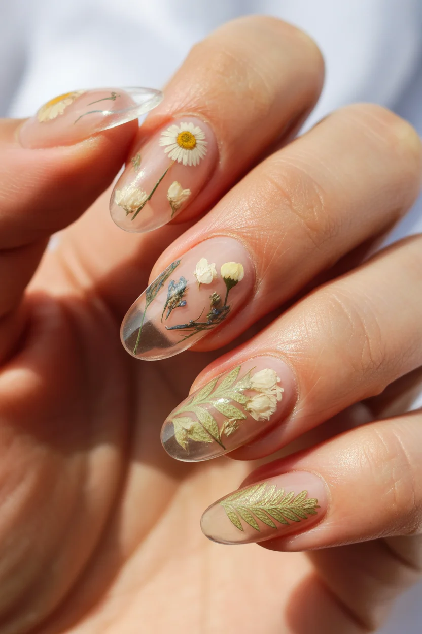 summer nail inspo 2026 Delicate Botanical Nails with Glass Effect