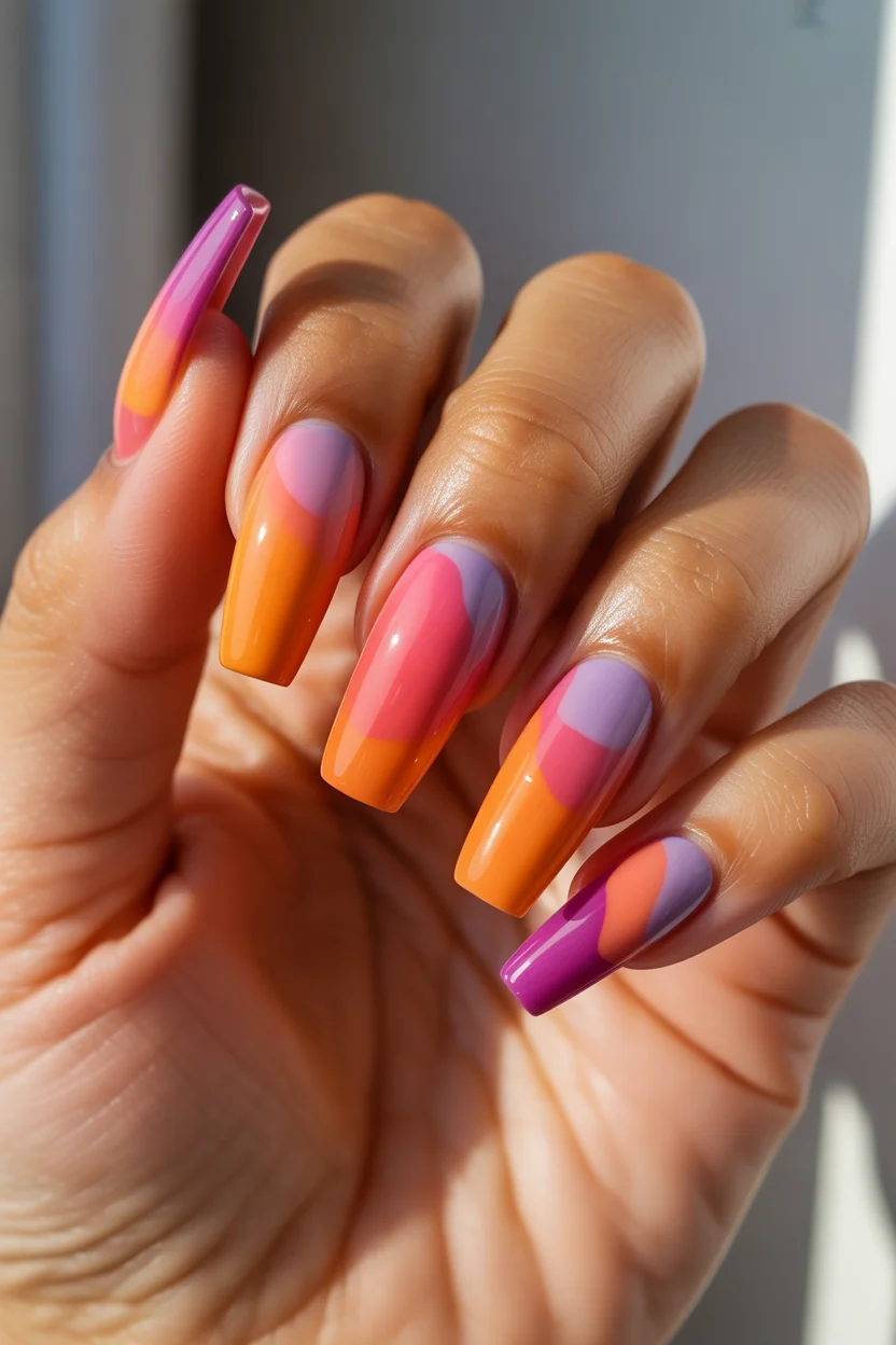 summer nail inspo 2026 Sunset Blend Coffin Nails with Glossy Summer Drama 8