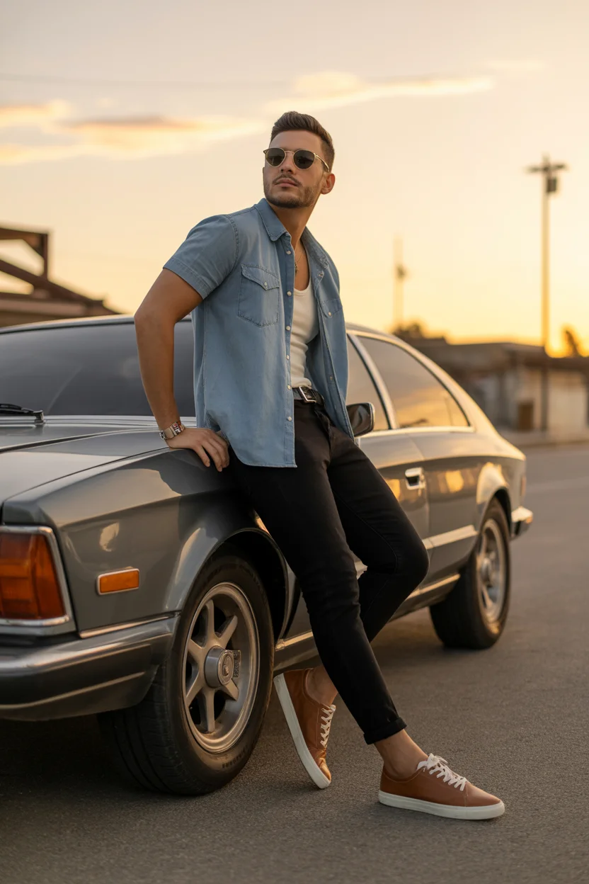 summer outfits fort men 2026 denim shirt sunset 17