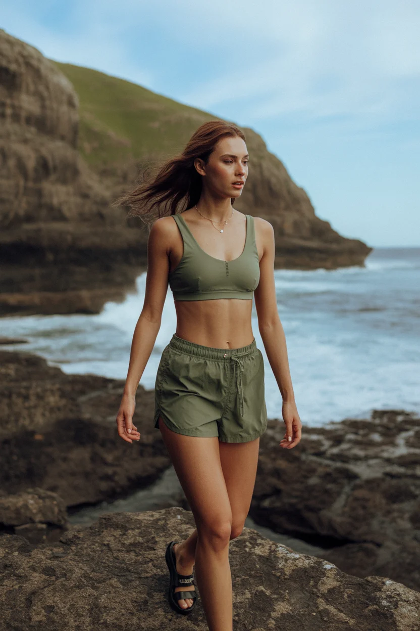 swimsuit with shorts 2026 Utility Green Sport Set for Coastal Exploration 20