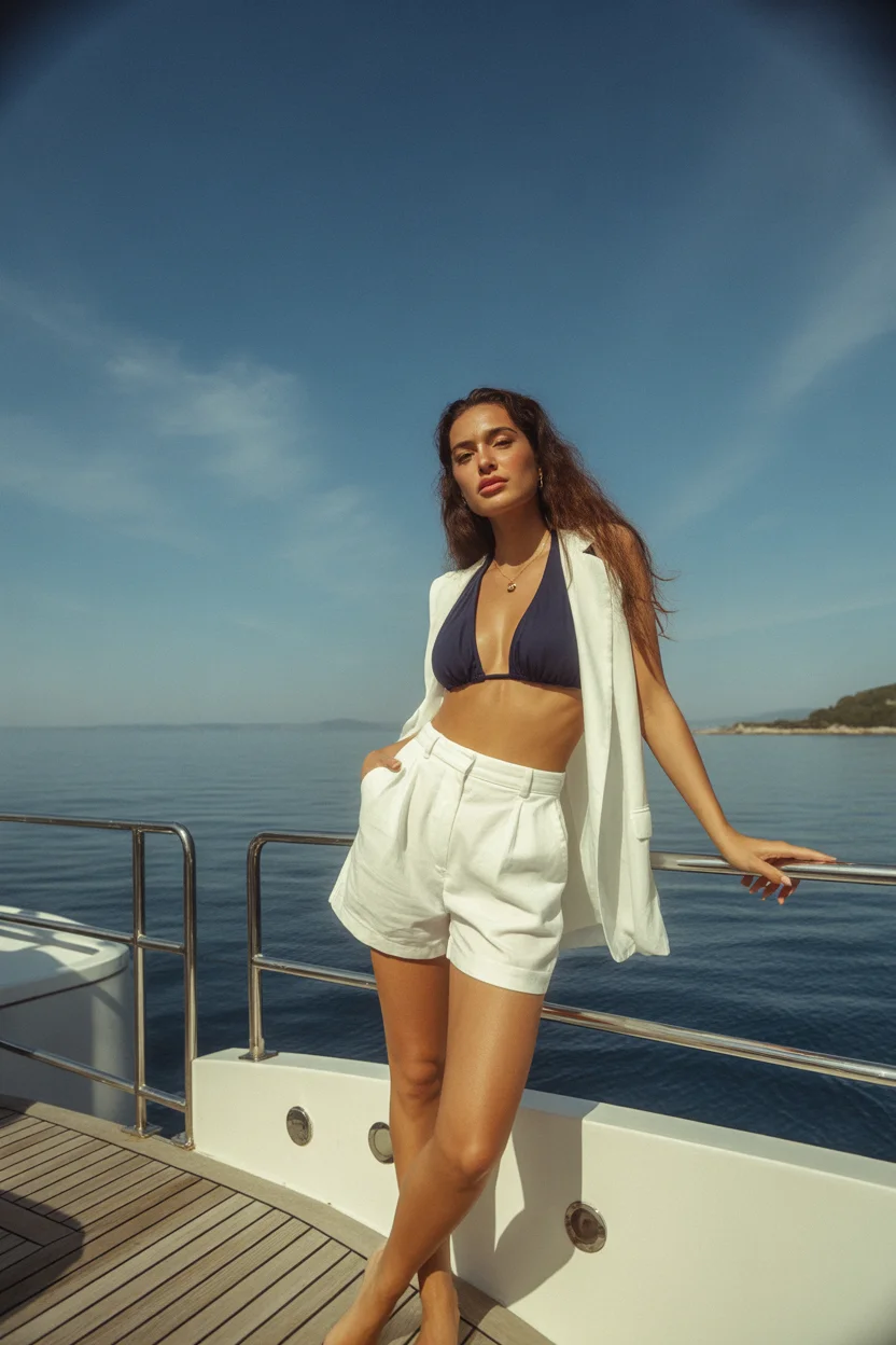 swimsuit with shorts 2026 Yacht Ready Minimalism with Navy and Tailored White
