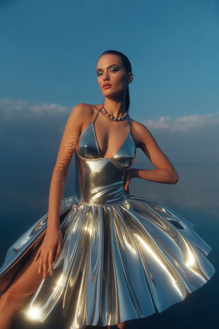 swimsuit with skirt 2026 Liquid Metallic Drama at Golden Hour