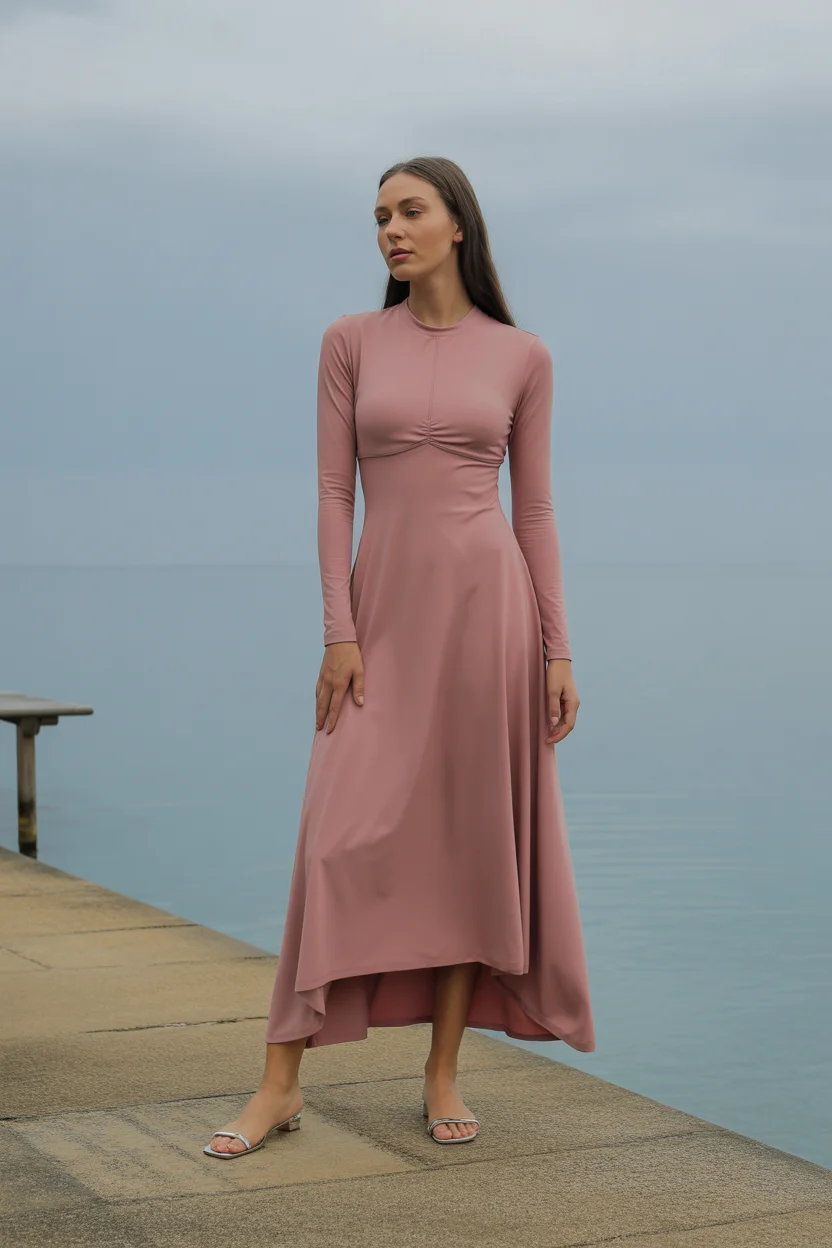 swimsuit with skirt 2026 Dusty Rose Long Sleeve with Dramatic Flow 8