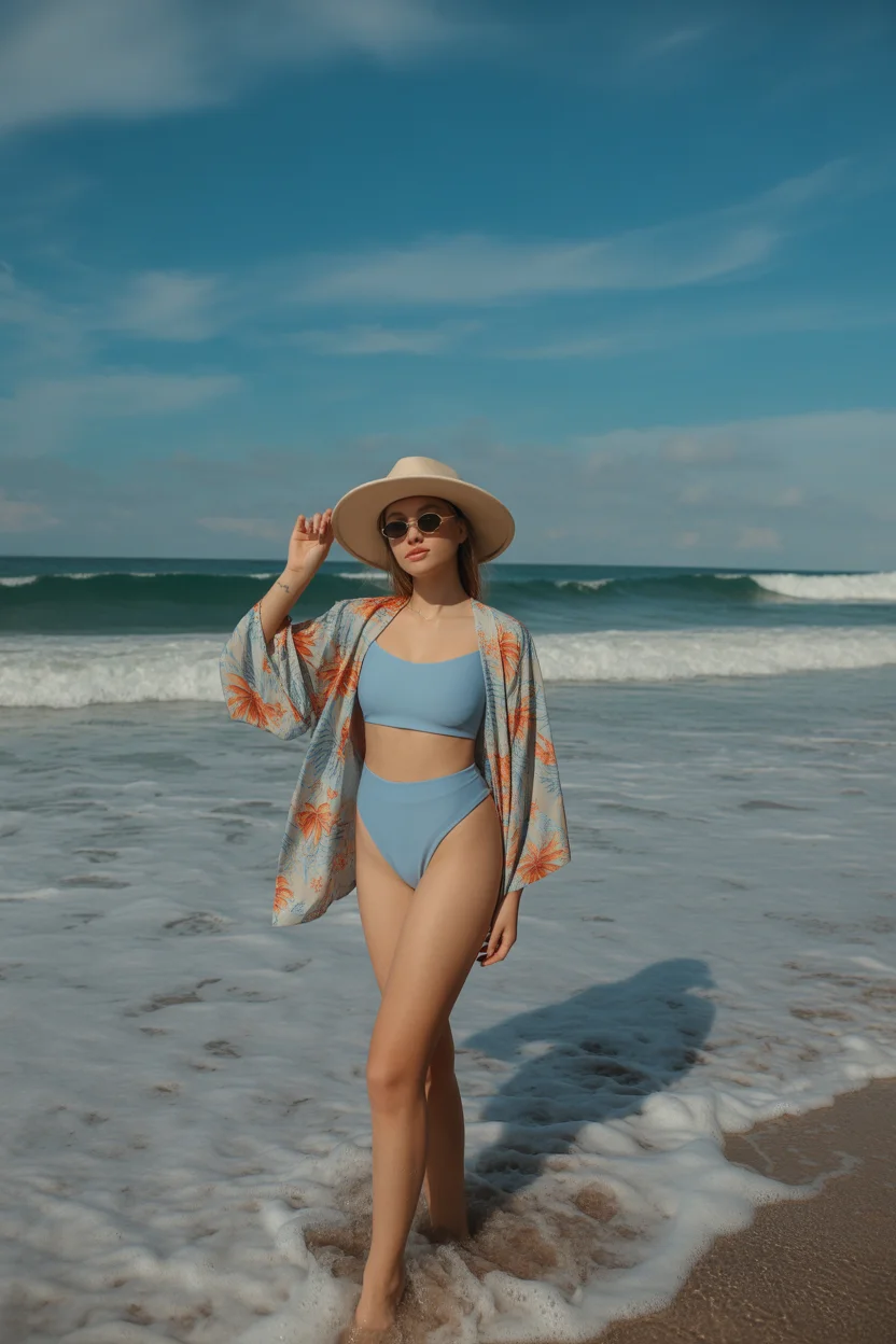 two piece swimsuit ideas summer 2026 Soft Blue Minimal Set With Flowing Kimono 17