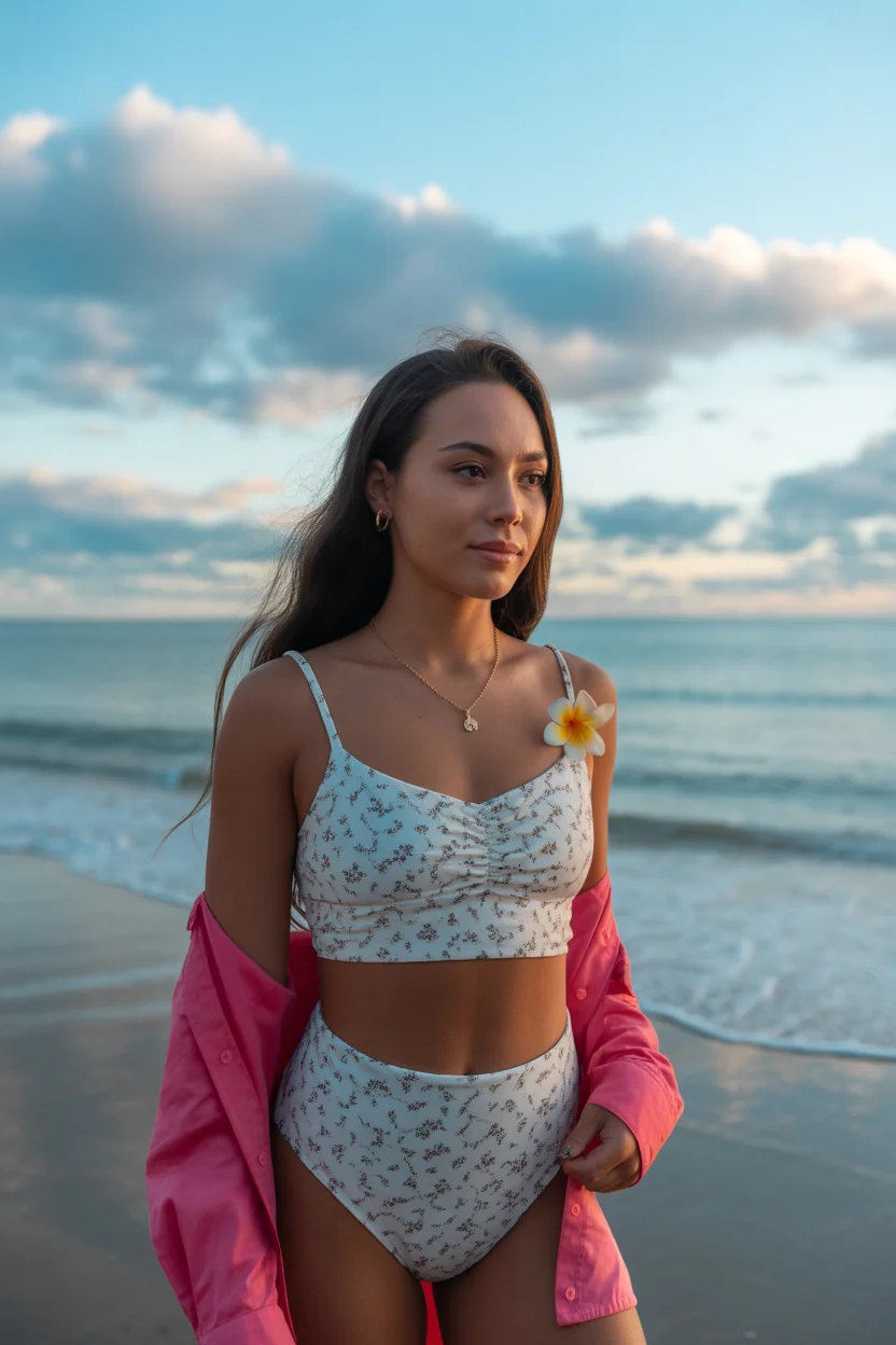 two piece swimsuit ideas summer 2026 Delicate Micro Floral With Romantic Shirt Layer 19