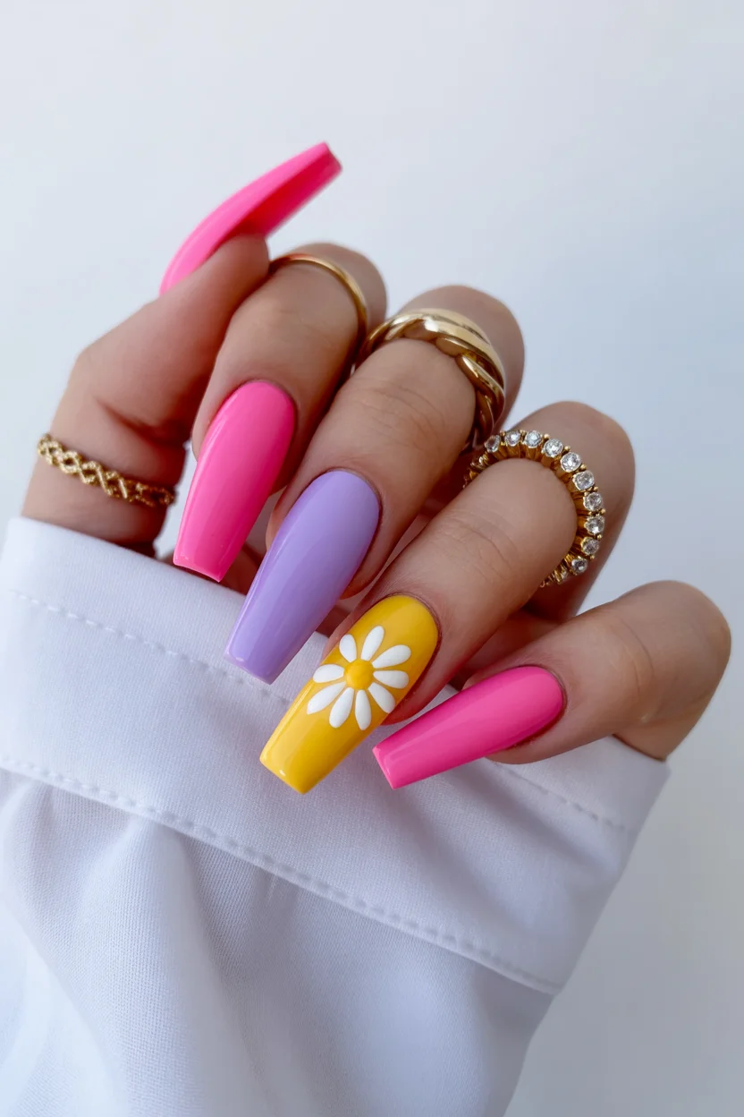best spring nails square ideas 2026 hot pink and yellow daisy pop 2