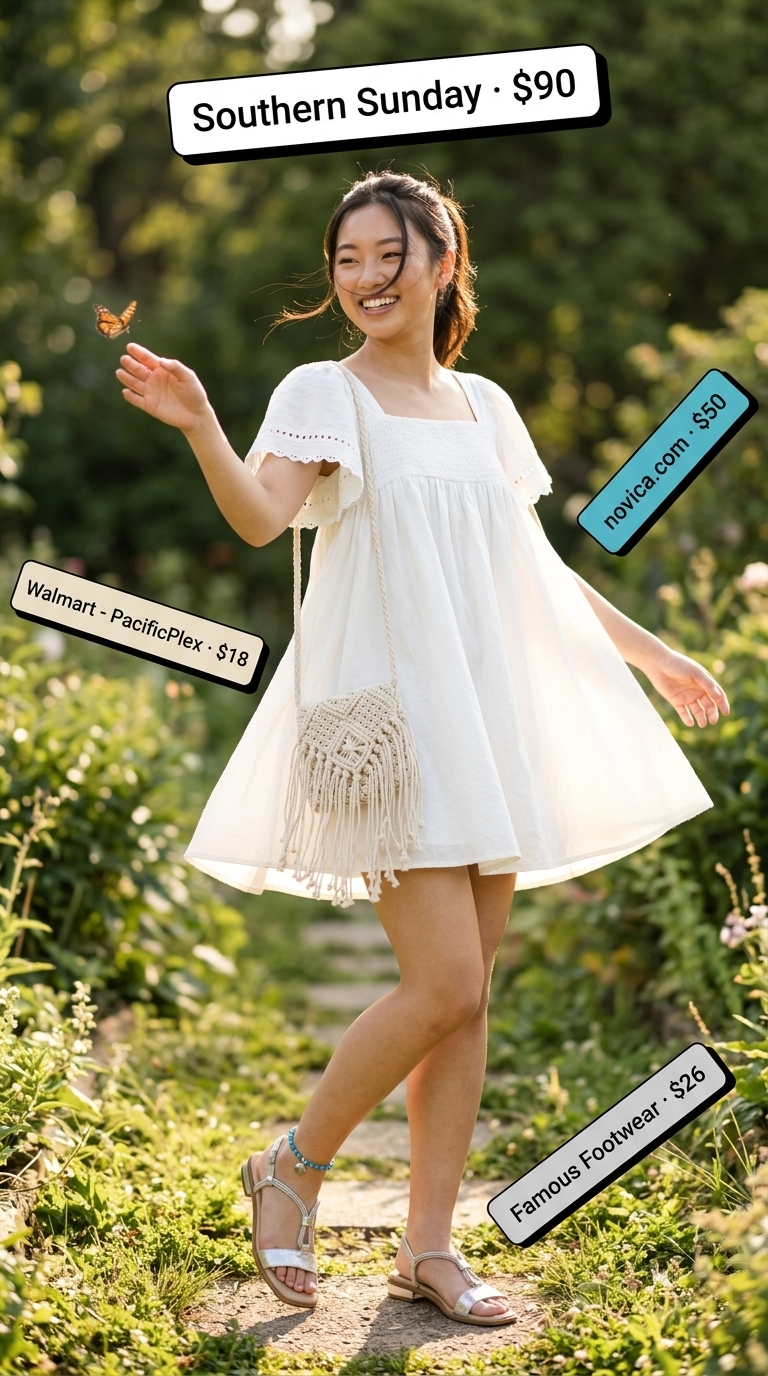 Bohemian all white summer outfit for women 2026 featuring an eyelet mini dress, silver gladiator sandals, and fringe crossbody bag.
