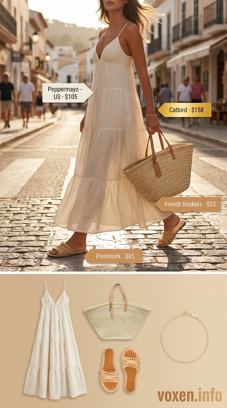 Relaxed all white summer outfit for women 2026: linen maxi dress, straw tote, and raffia slides.