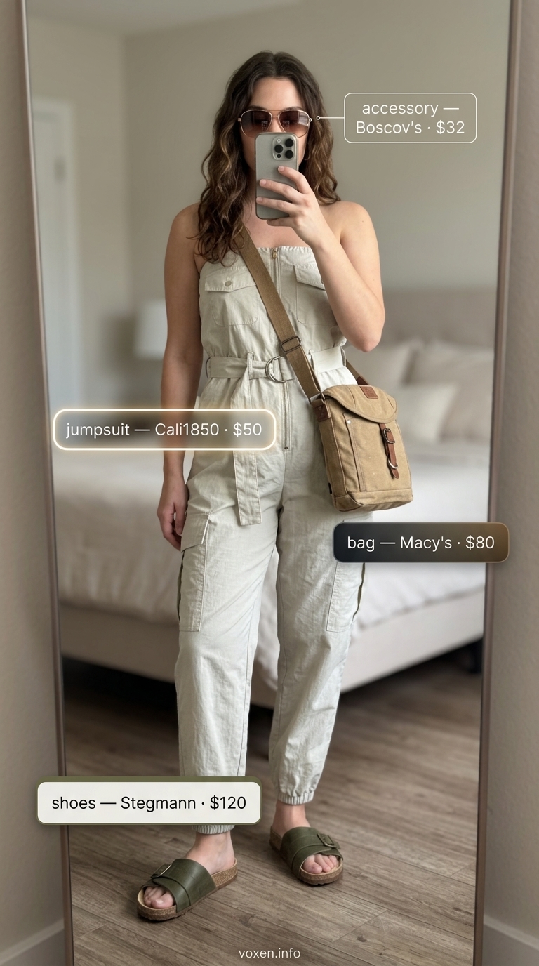 All white summer outfits for women 2026: Ecru utility jumpsuit with olive green sandals for desert chic.