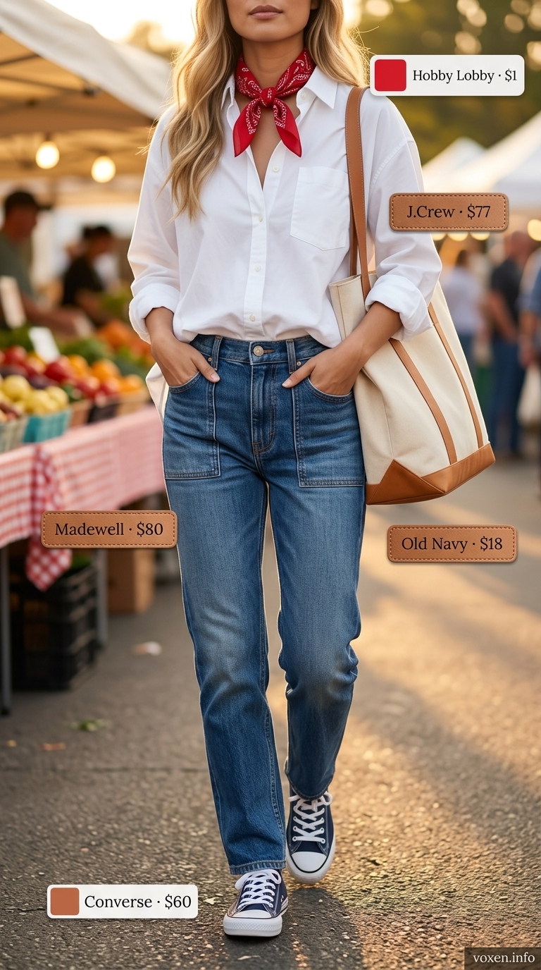 Casual all white summer outfit for women 2026: ecru jeans, white button-down, and canvas sneakers.