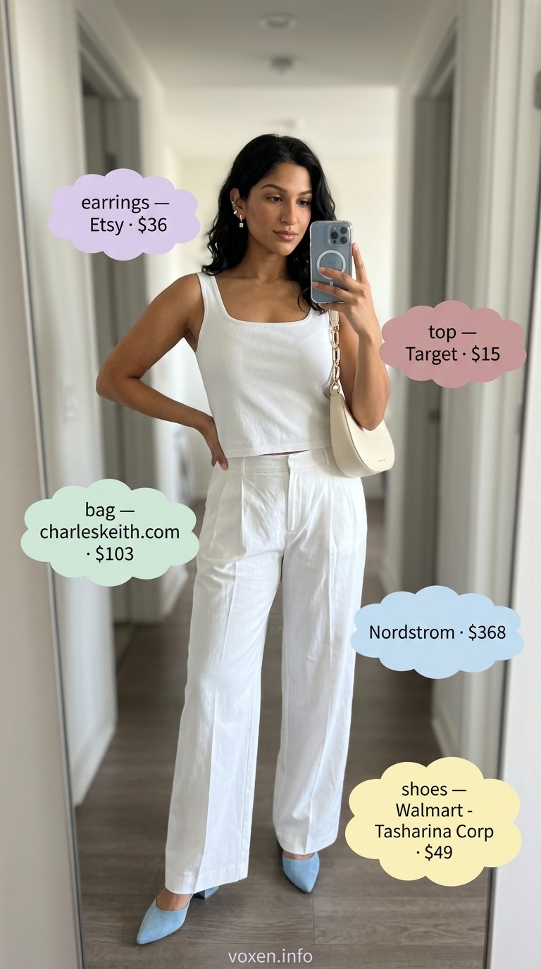 All white summer outfits for women 2026: Optic white trousers with sleek tank for gallery opening.