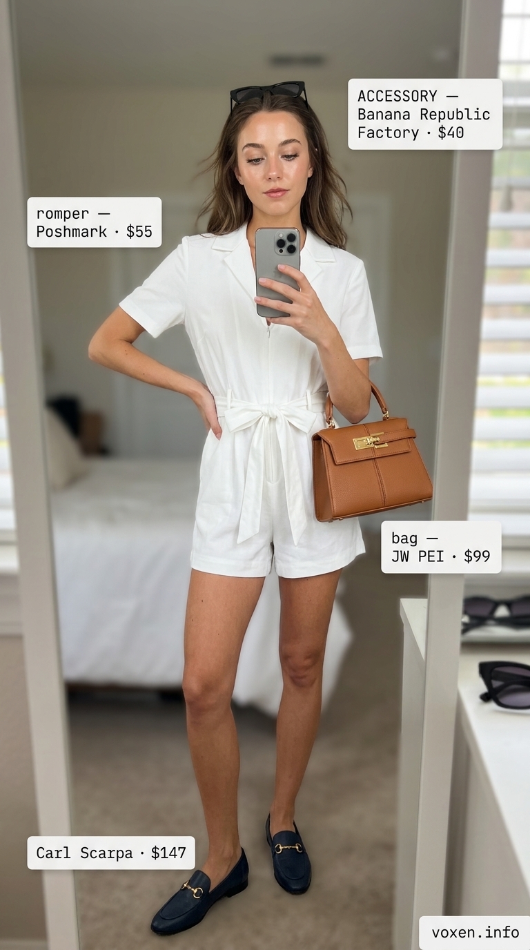 Preppy all white summer outfit for women 2026: collared romper, loafers, and structured bag.