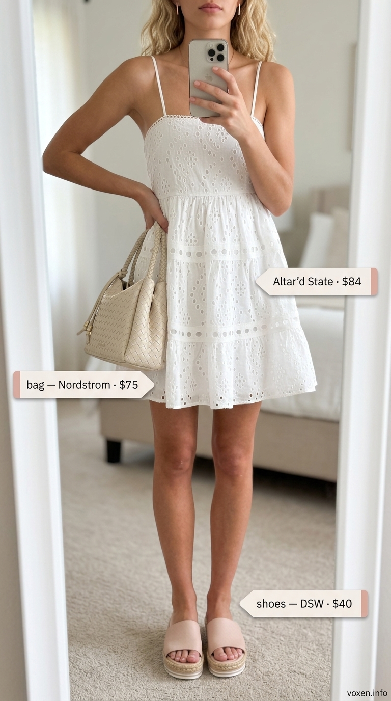 Sweet all white summer outfit for women 2026: eyelet sundress, espadrilles, and straw tote.