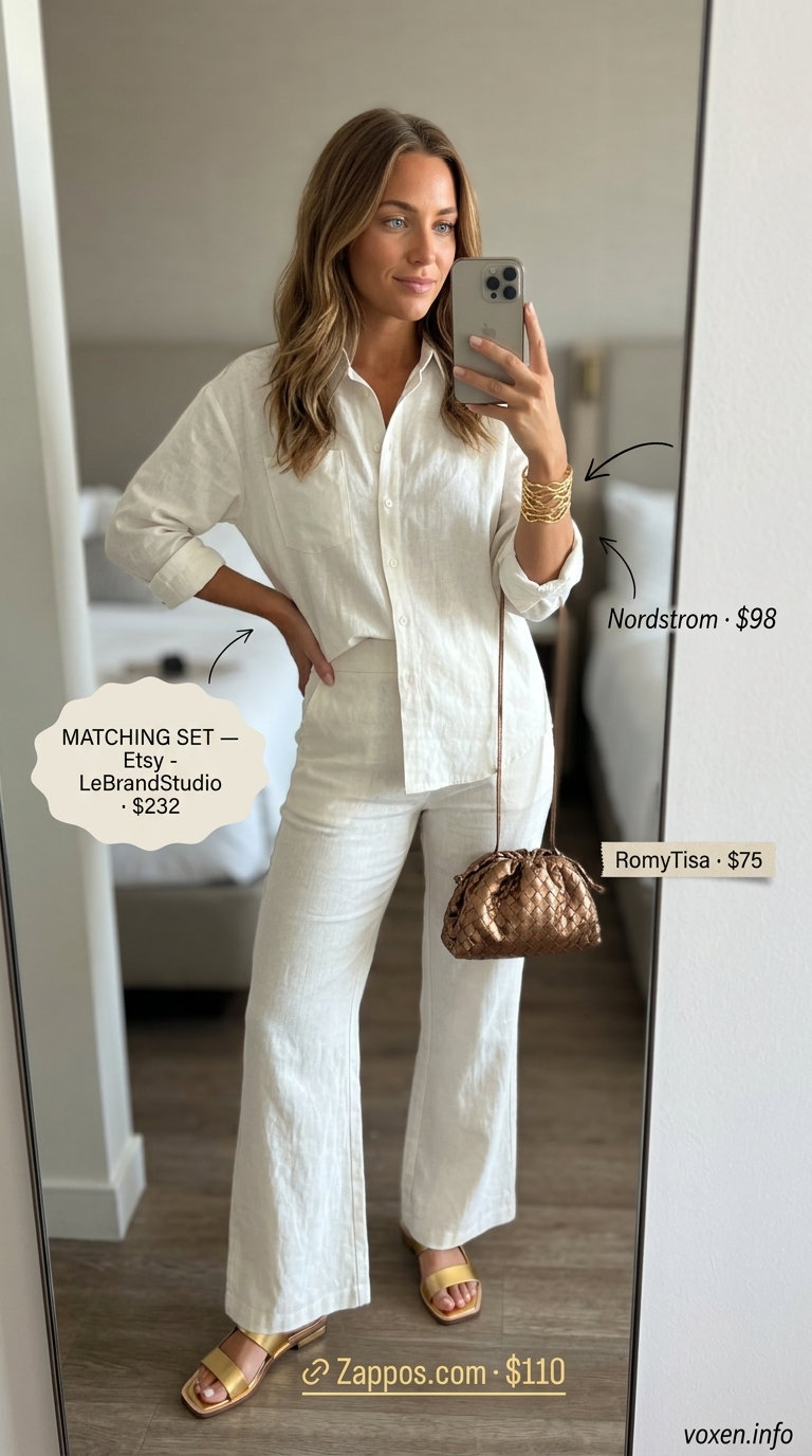All white summer outfits for women 2026: Ecru linen matching set with gold sandals for resort glamour.