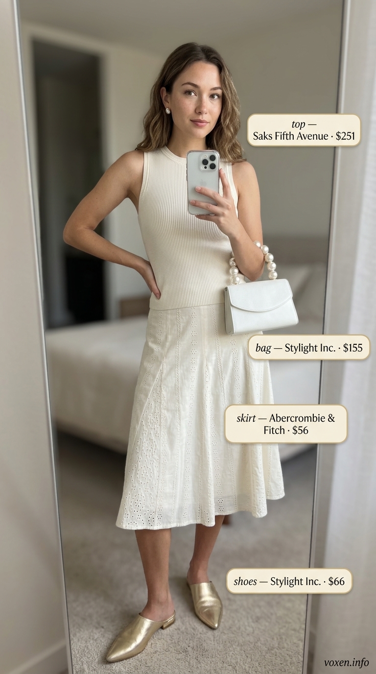 Romantic all white summer outfit for women 2026: midi skirt, knit top, and pearl accessories.