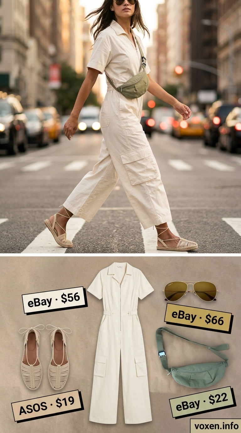All white summer outfits for women 2026: Cream utility jumpsuit with gold accents for modern safari.