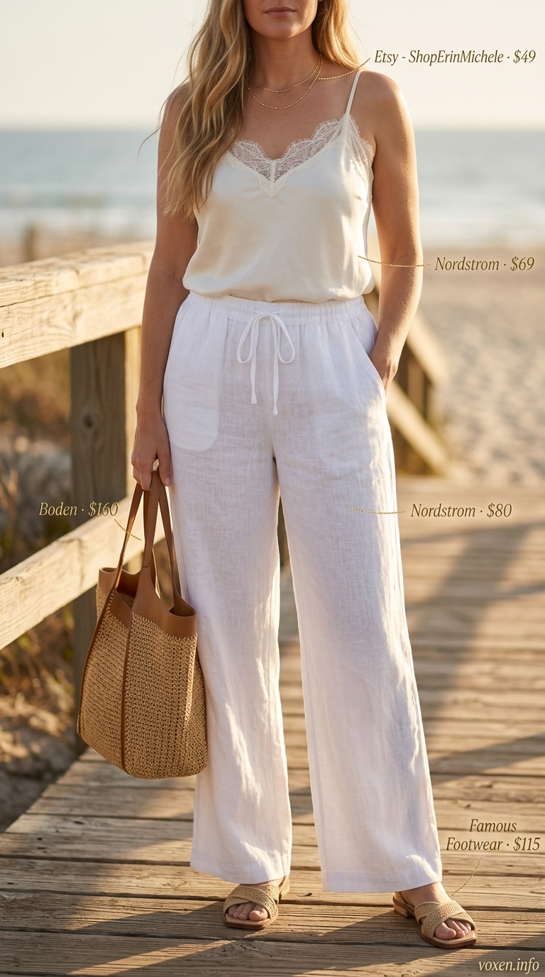 All white summer outfits for women 2026: Crisp white linen pants with ivory cami for seaside elegance.