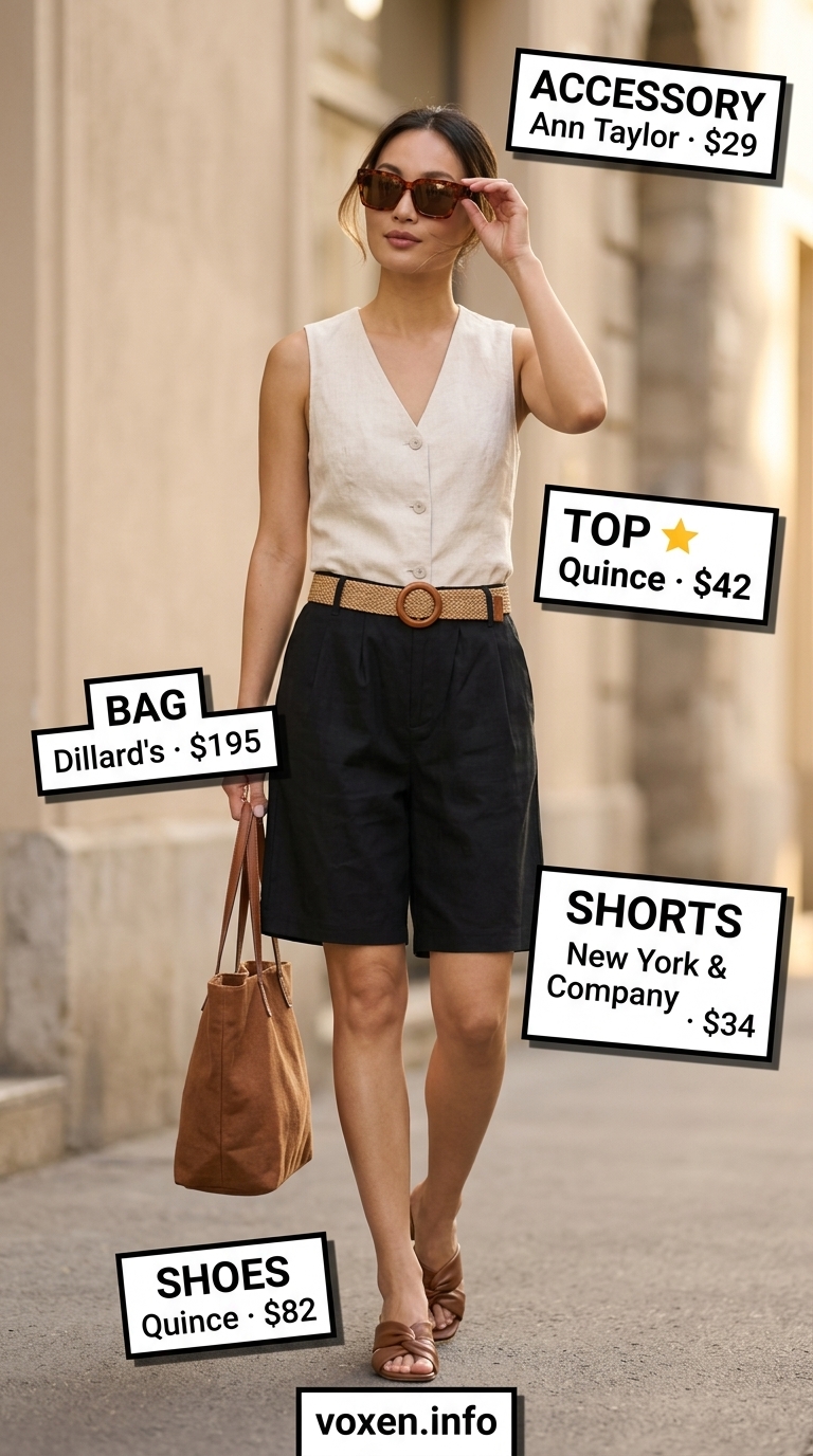 Chic all white summer outfit for women 2026: tailored vest top, Bermuda shorts, and block heel mules.