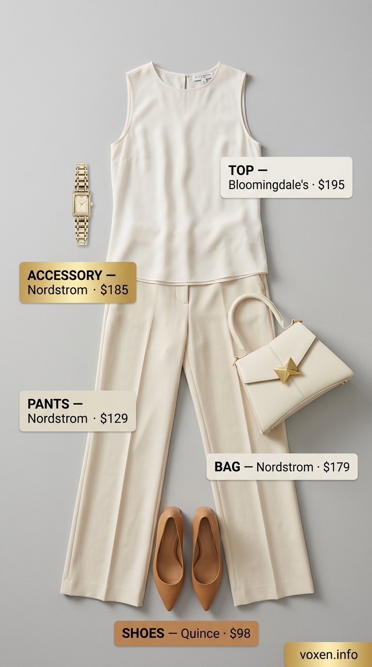 Professional all white summer outfit for women 2026: wide-leg trousers, silk blouse, and block heel pumps.