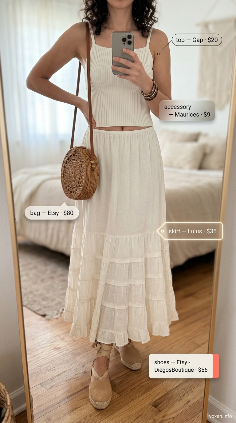 All white summer outfits for women 2026: Ivory maxi skirt with cream tank for sunset beach style.