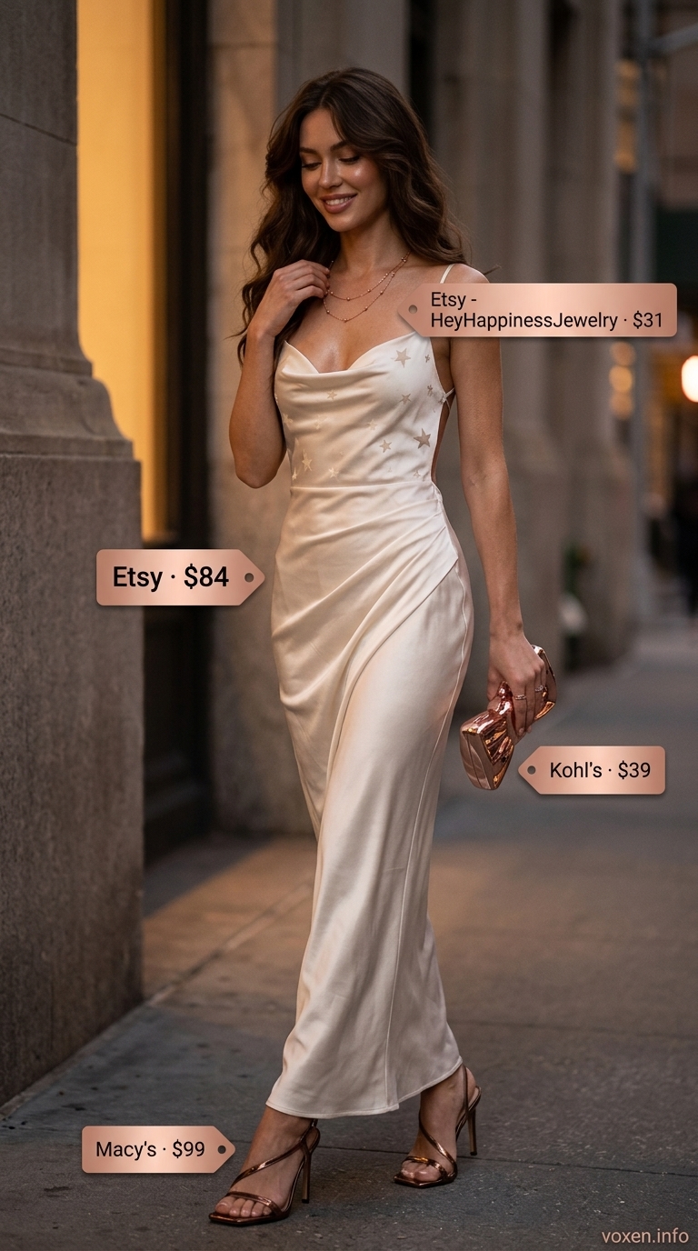 All white summer outfits for women 2026: Ivory silk slip dress with bronze heels for sunset rendezvous.