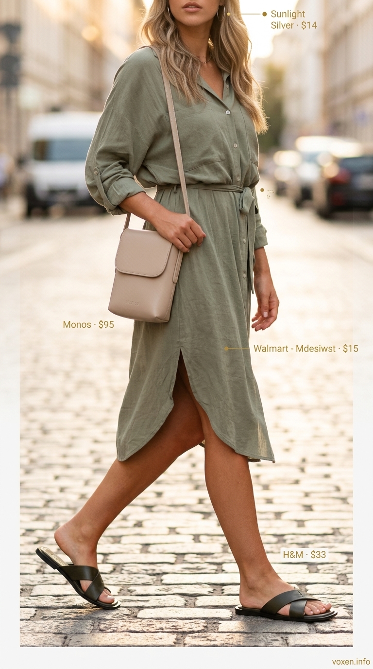All white summer outfits for women 2026: White midi shirt dress with khaki sandals for urban safari.