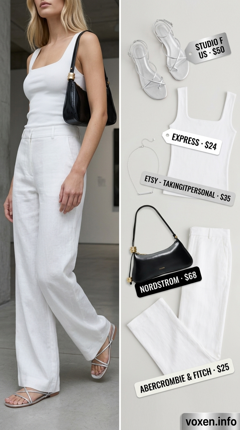 Sleek all white summer outfit for women 2026: wide-leg pants, knit tank, and metallic slides.