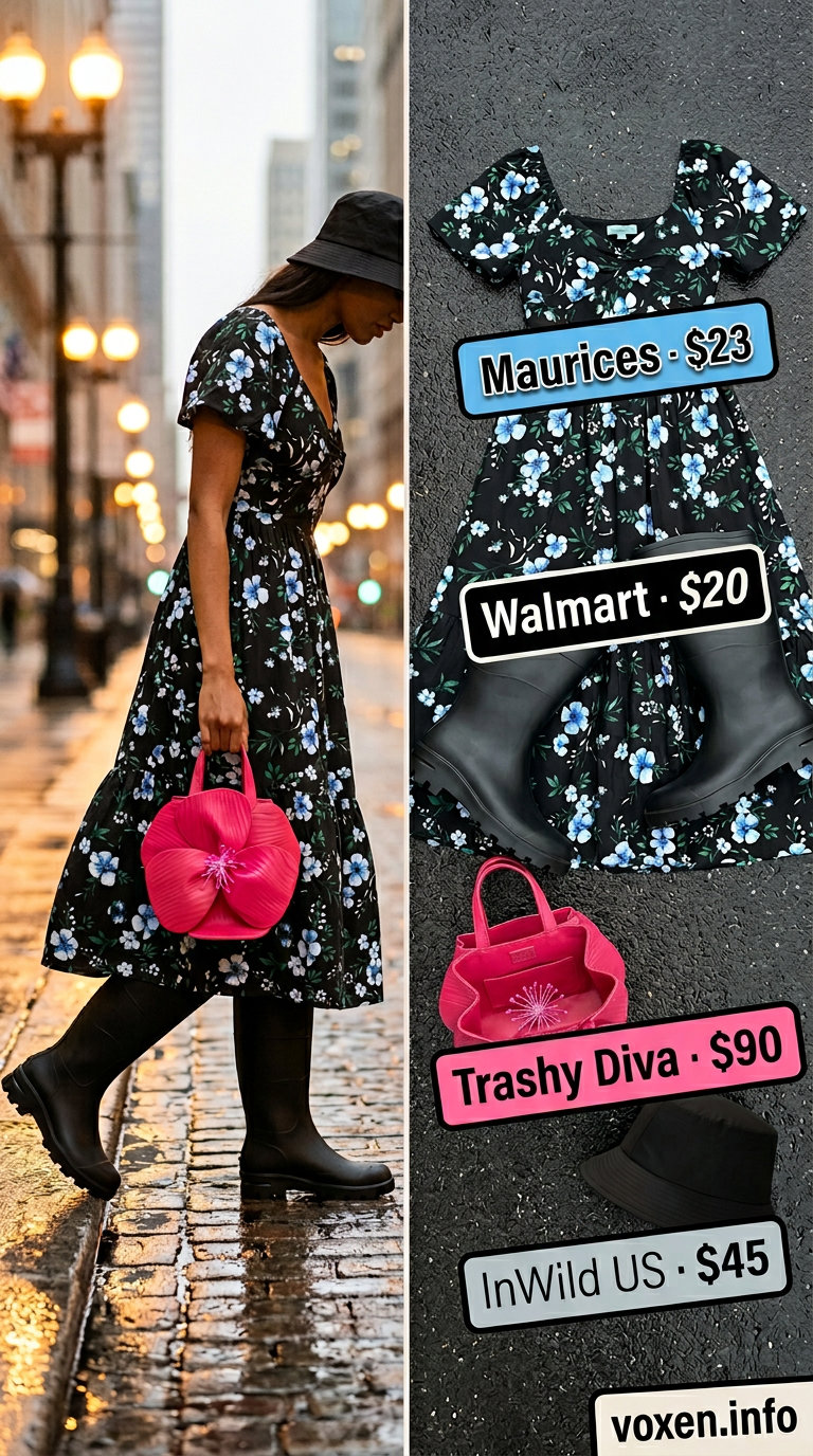 Alternative rainy day summer outfits for women 2026: Floral dress, rain boots, bucket hat for a playful puddle jumper style.