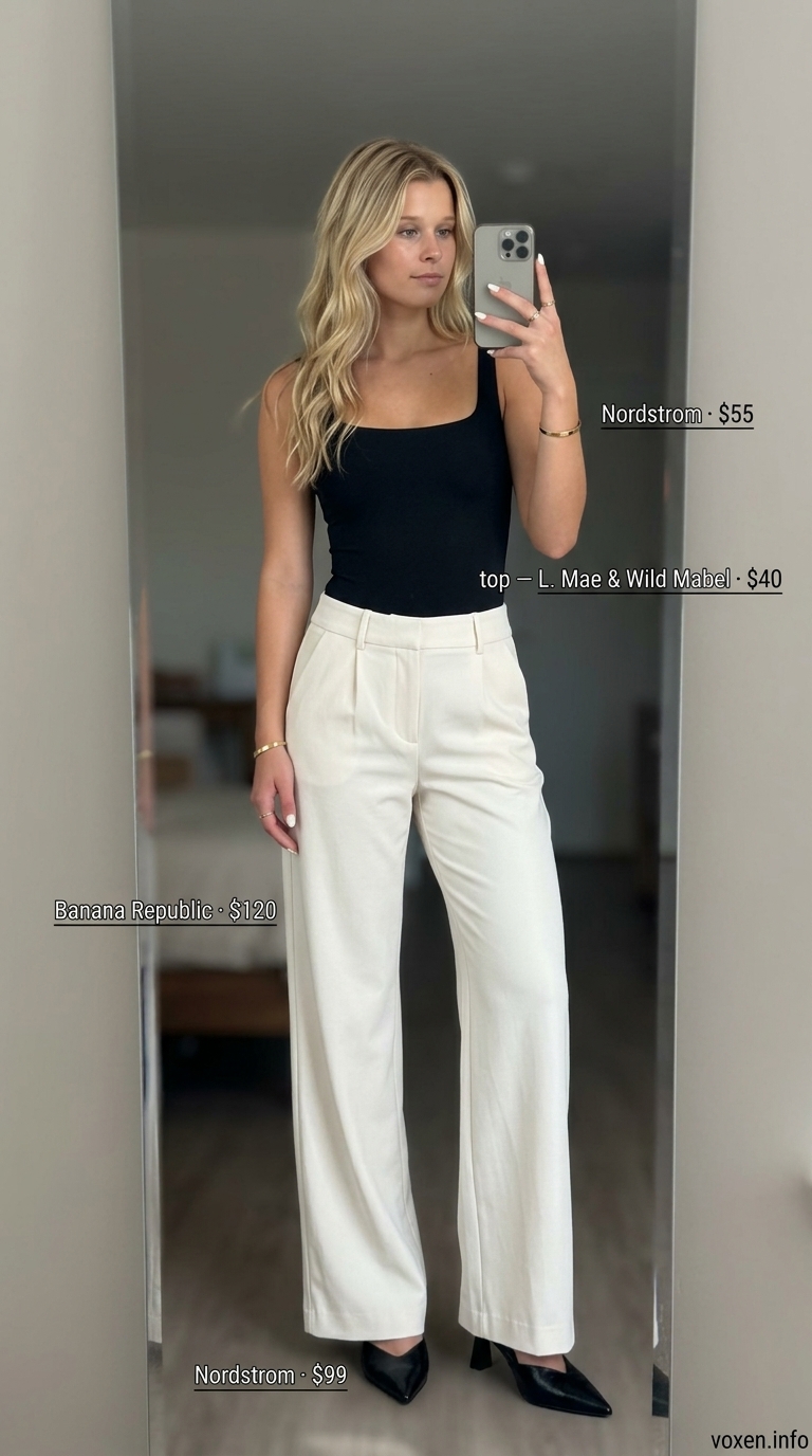 Alternative summer evening outfit: Cream wide-leg pants, black bodysuit, heeled mules, and gold accessories.