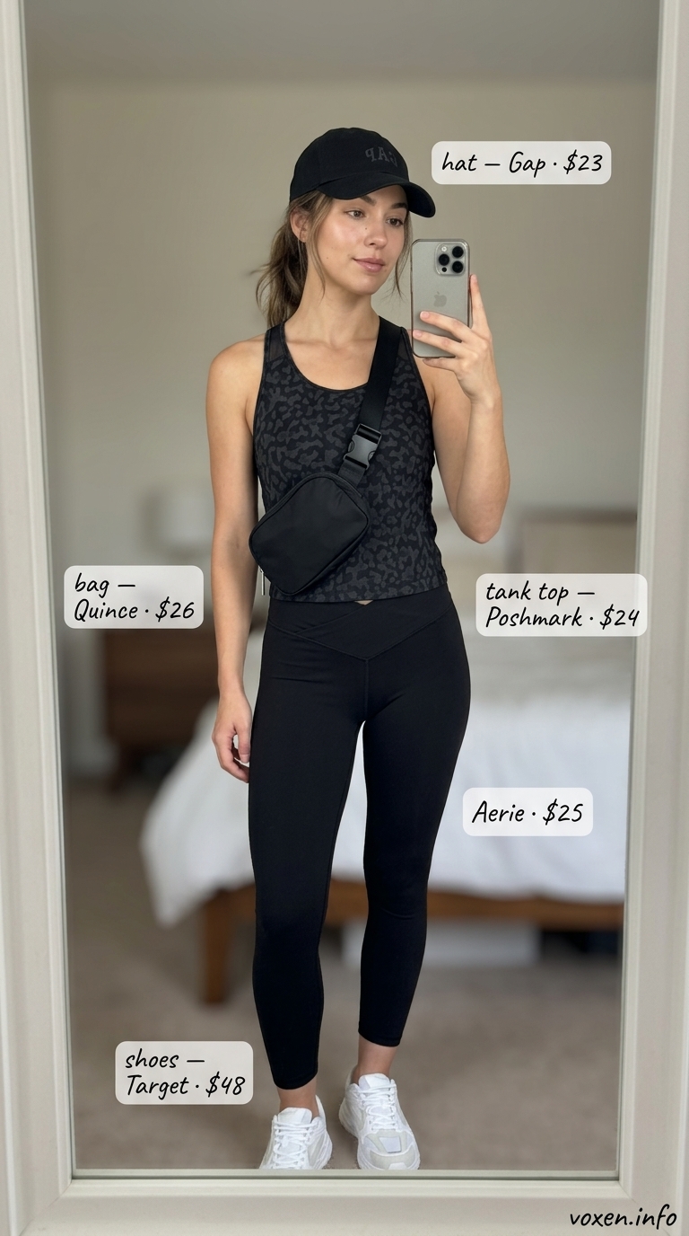 Animal print summer outfits for women 2026: Leopard tank top, black leggings, white sneakers for an active day.