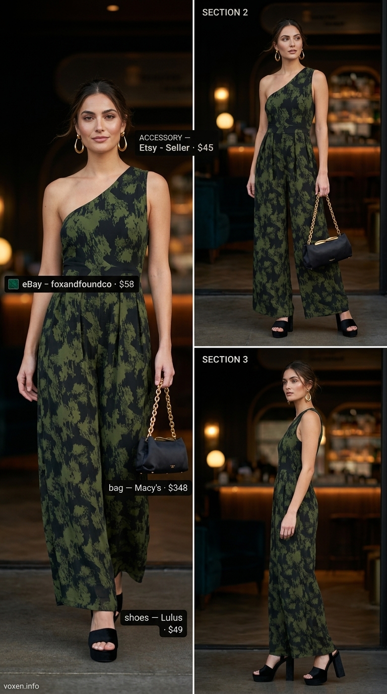 Animal print summer outfits for women 2026: Black & emerald green leopard jumpsuit, gold earrings, clutch, heels for cocktail party.