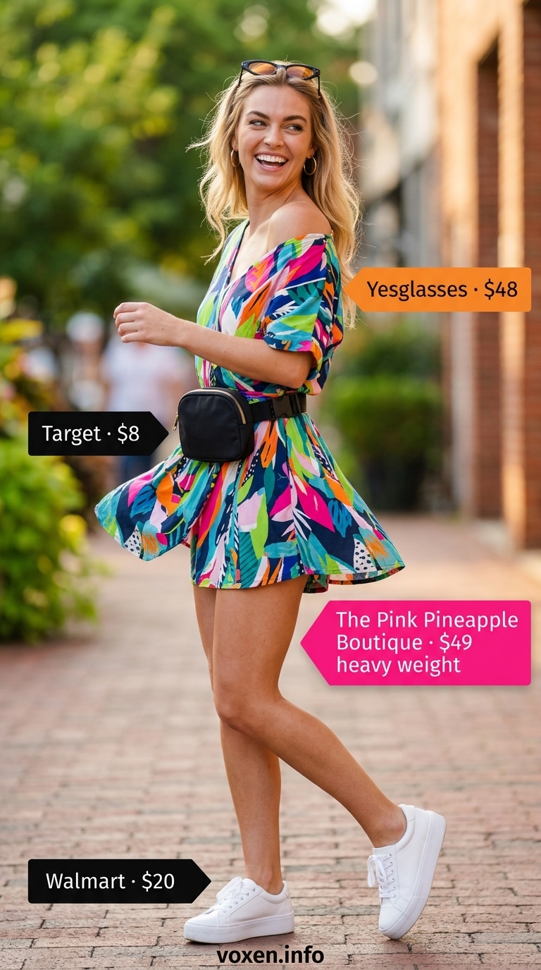 Animal print summer outfits for women 2026: Multi-color abstract animal print romper, sneakers, cap for festival fun.