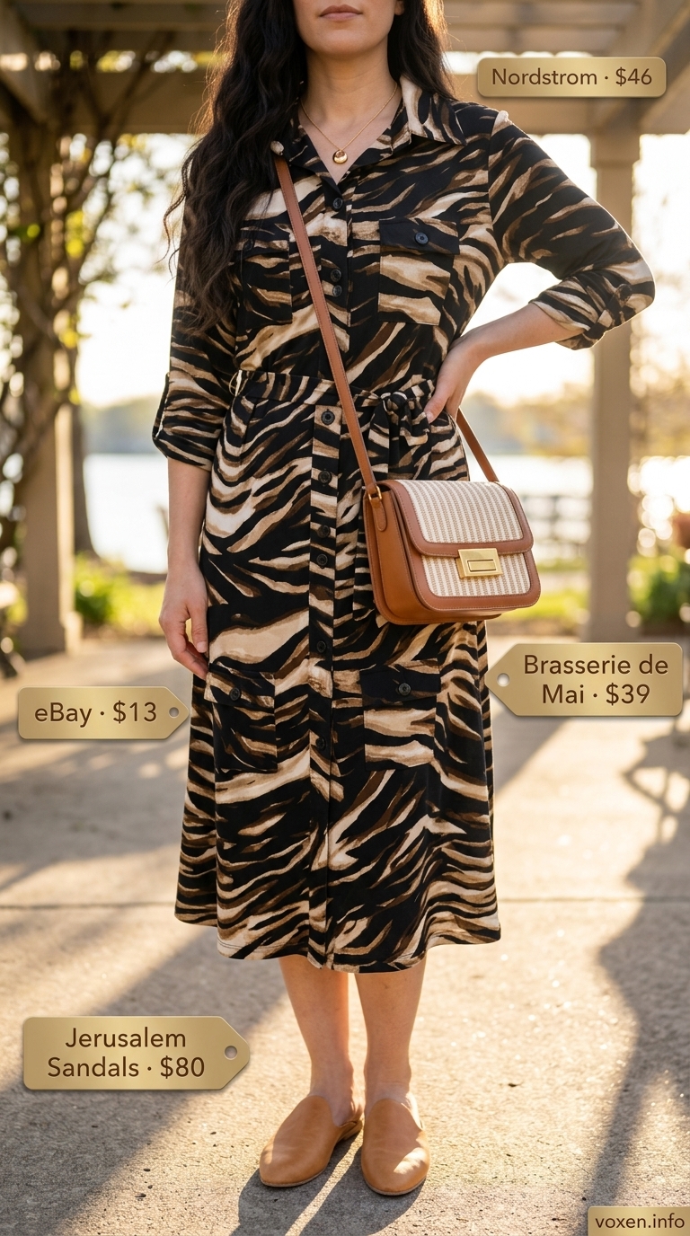 Animal print summer outfits for women 2026: Brown tiger stripe midi shirt dress, tan mules, woven bag for a refined casual lakeside lunch.