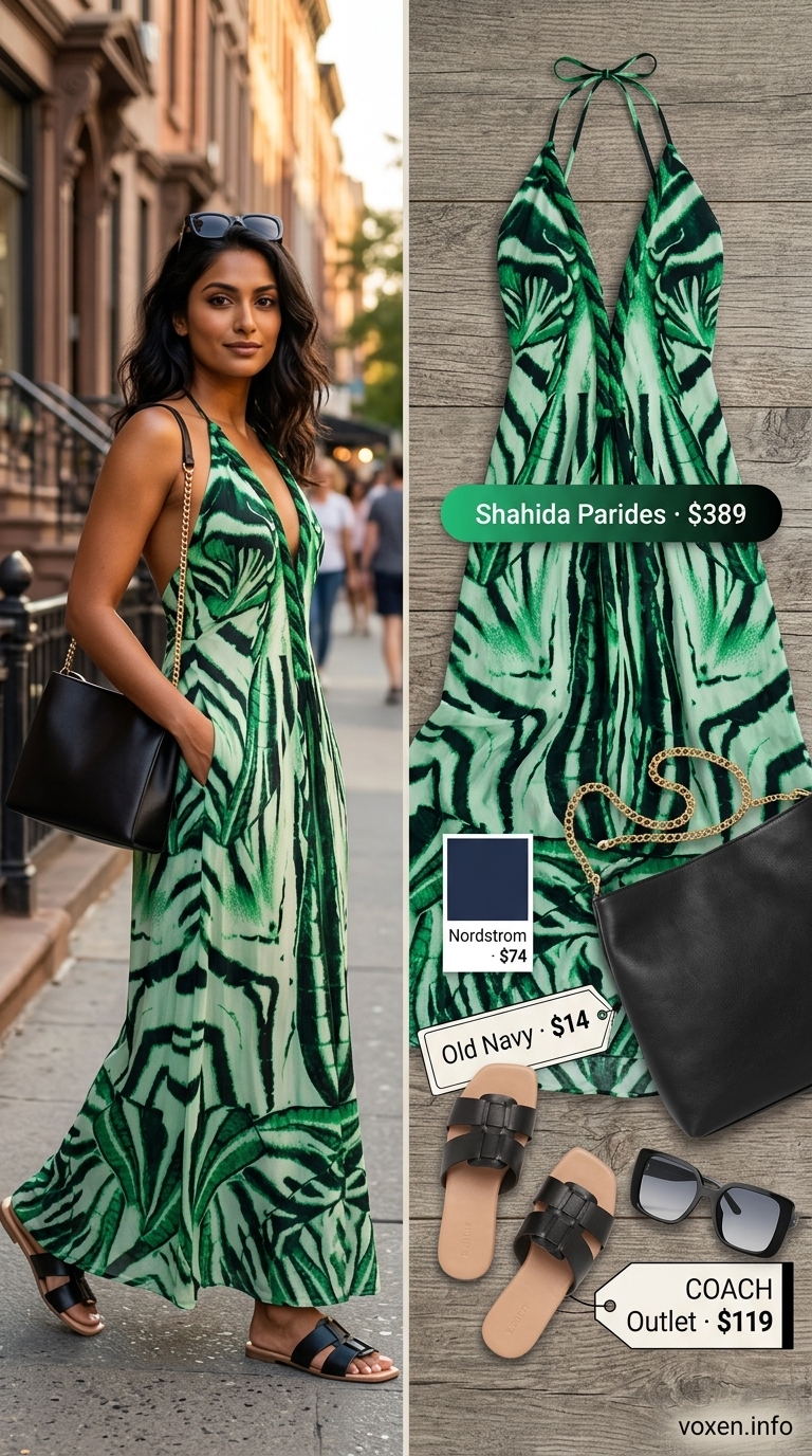Animal print summer outfits for women 2026: Green leopard maxi dress, slides, sunglasses for vacation sightseeing.