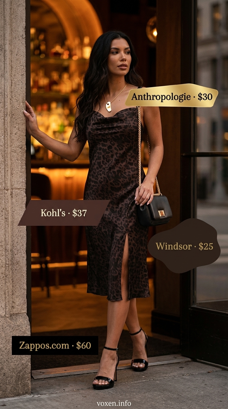 Animal print summer outfits for women 2026: Leopard slip dress, strappy heels, gold jewelry for date night.