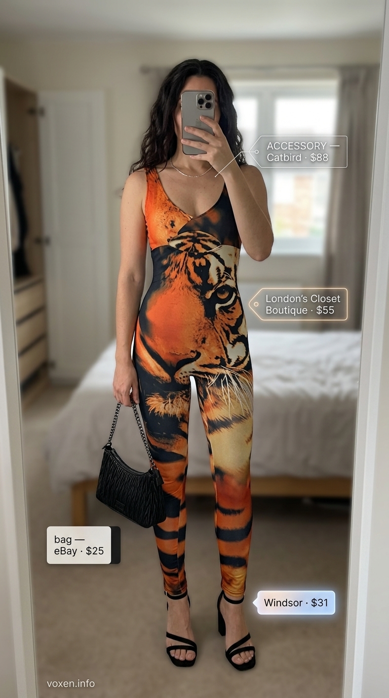 Animal print summer outfits for women 2026: Tiger print jumpsuit, black heels, silver necklace for midnight jungle sophistication.