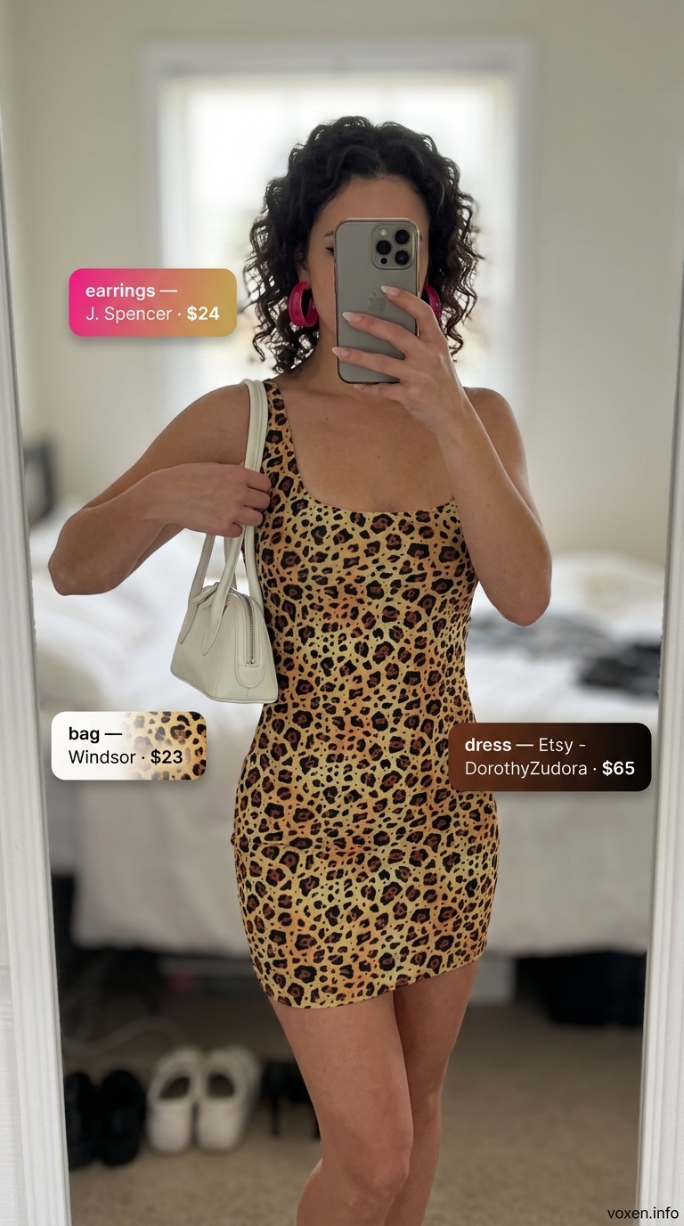 Animal print summer outfits for women 2026: Leopard bodycon mini dress, hot pink accessories for a fun girls' night out.