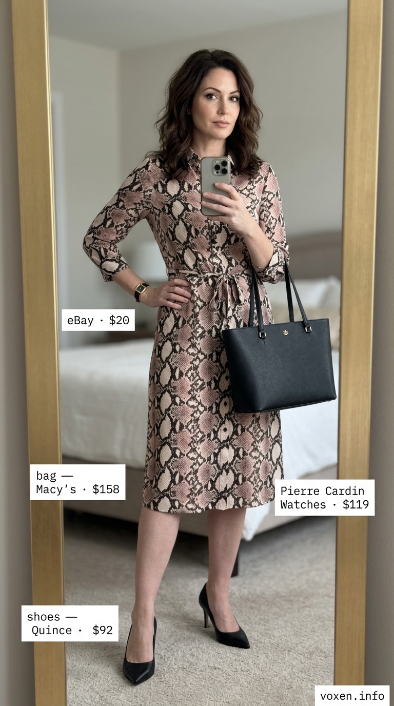 Animal print summer outfits for women 2026: Snake print shirt dress, black pumps, leather tote for a refined safari office look.