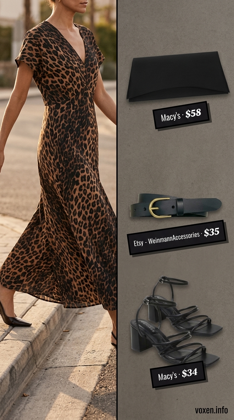 Animal print summer outfits for women 2026: Leopard maxi dress, black sandals, gold necklace for a safari sunset soiree.
